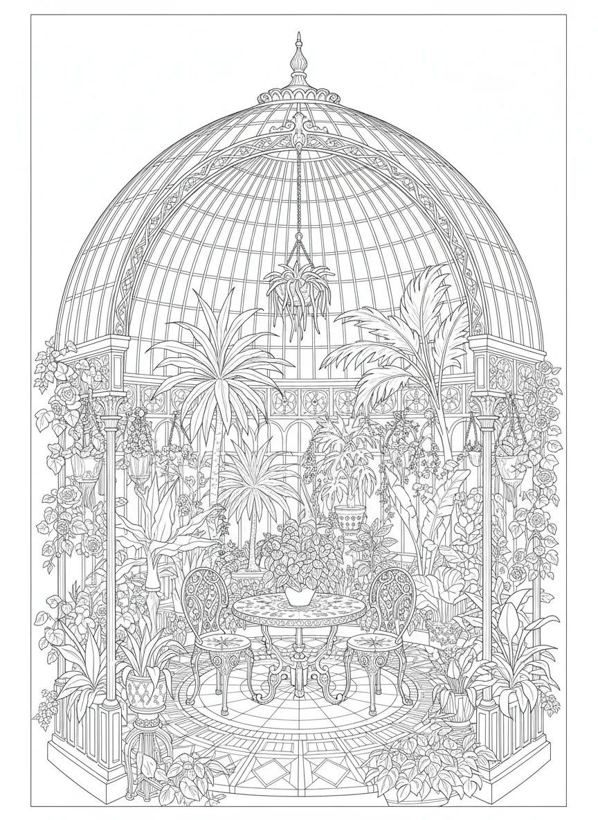 Coloriage adulte expert serre victorienne jardin hiver vintage plantes exotiques PDF